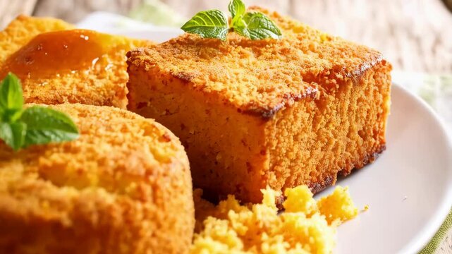 Close-up of golden cornbread squares and round cornbread on white plate topped with mint leaves.