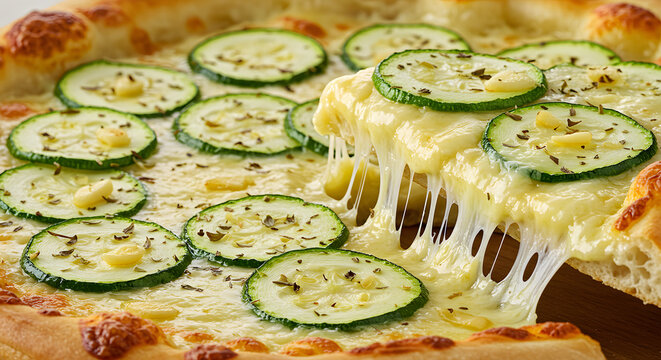 Delicious zucchini and cheese pizza with melted cheese and fresh slices, perfect for a cozy meal or gathering