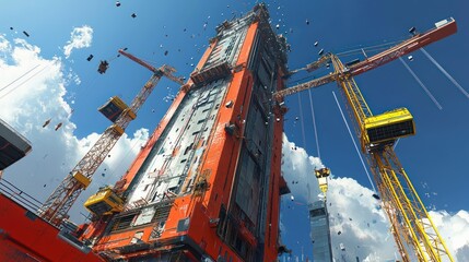 Fototapeta premium Skyscraper Construction Site, Urban, Cranes, Building, City, Sky, Progress, Upward View, Development