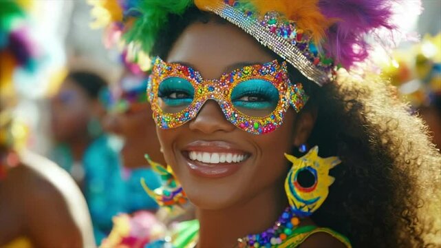 Smiling woman in vibrant carnival costume