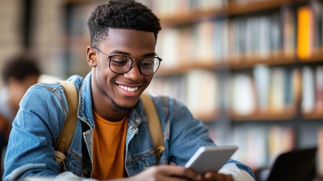 Happy student using phone in library, blurred books