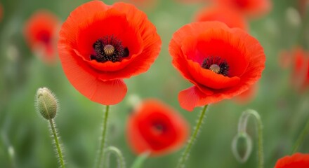 Obraz premium Beautiful Poppy Duo: Bright Red Blossoms with Blurred Green Background