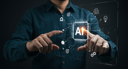 Man interacting with ai technology representing future innovation and modern digital transformation