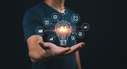 Innovative artificial intelligence concept presented within a glowing lightbulb in hand