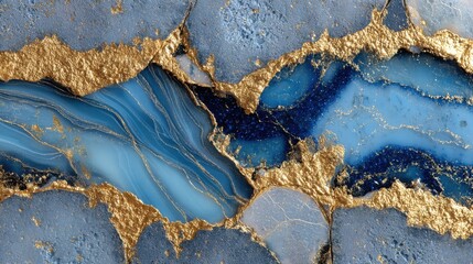 Fototapeta premium A beautiful stone surface features vibrant blue and deep navy veins interspersed with striking gold accents. The texture creates a stunning visual display, perfect for decorative purposes.