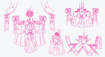 Romantic dinner table sketch set. Hot-pink outlines of elegant dining scenes with chair sashes, floral centerpieces and candelabras for wedding stationery