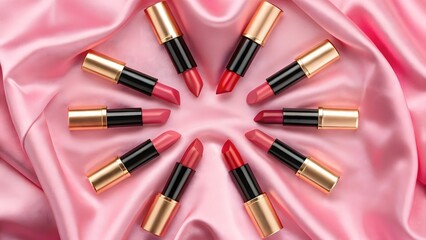Obraz premium Ten lipsticks arranged on pink silk fabric