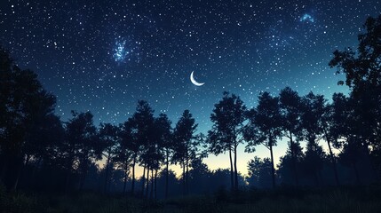 Naklejka premium Starry night forest silhouettes, crescent moon, twilight