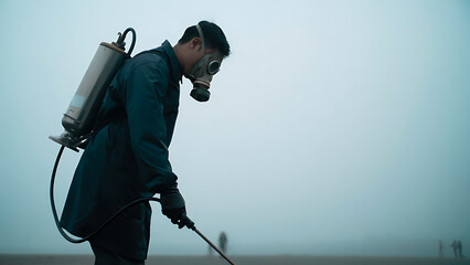 Disinfector in Protective Gear: Spraying Mist in a Foggy Environment