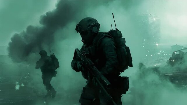 A group of soldiers walking through a fog filled city