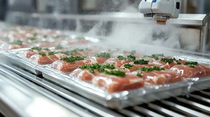 Vacuum packaging process captured mid-steam burst as sealing head presses over meat tray