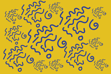 Memphis geometric seamless pattern. Bold yellow background with random navy hand-drawn doodles, curly shapes, and abstract brush forms in retro style.