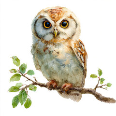 A solitary watercolor radiant baby owl with a branch