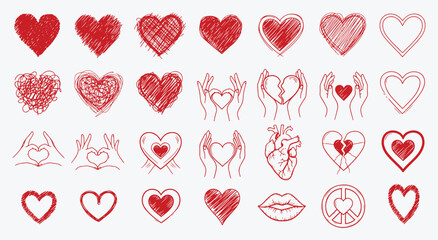 Hand-drawn red heart icon pack. Scribble hearts, broken heart, anatomical heart, peace sign, kiss lips and love-hand gestures in mixed sketch styles