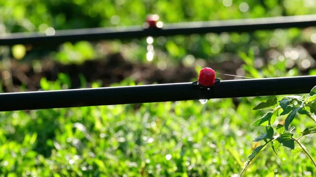 Drip irrigation system in a vegetable garden. An emitter releases water drop by drop from a pipe against the background of young tomato seedlings.