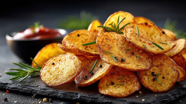 Delicious homemade baked potato chips with rosemary and spices on slate plate