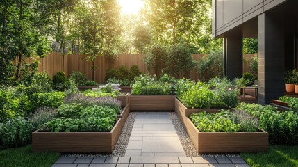 Obraz premium Sunny urban garden patio walkway, modern apartment building backdrop