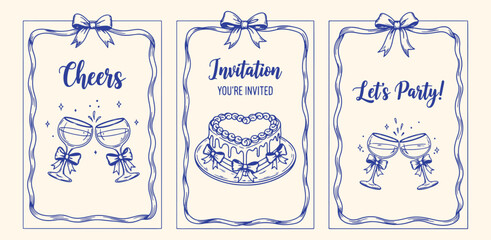 Cheers invitation card trio. Hand tied bow frames with clinking champagne glasses and heart cake illustrations for party, bridal shower or wedding stationery