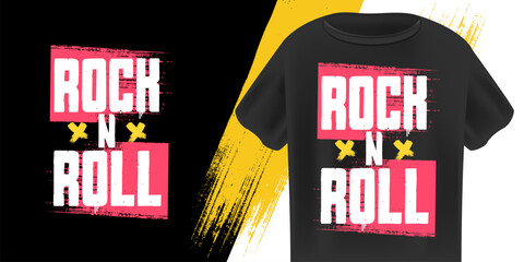 Rock N Roll T-Shirt Design Vector with bold Pink and White Grunge Text with Paint Splatters on Black Background, Ideal for Music, Streetwear, and Festival Apparel. Rock n roll logo design template