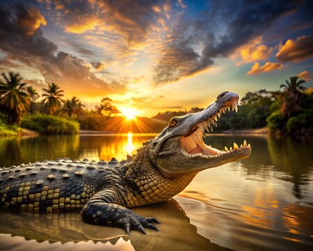 Large crocodile with open mouth at sunset in tropical river - Powered by Adobe