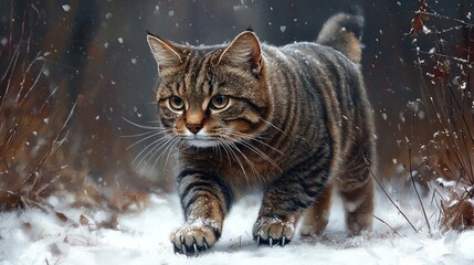 Tabby cat walking winter woods snowfall nature