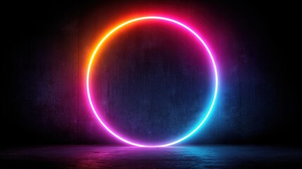 A glowing neon circle in shades of pink and blue stands out against a dark textured background. This captivating light installation creates a modern and artistic setting.
