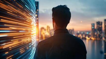 Businessman looking out a window observing sunset, at a stream of data flowing against the backdrop of a modern cityscape - Powered by Adobe
