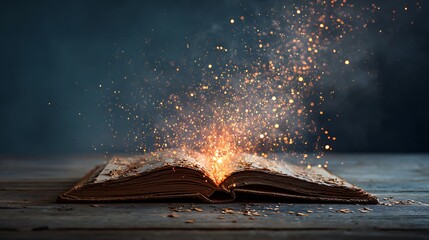 Open Book with Glowing Sparks on Wooden Surface. An open vintage-style book rests on a rustic wooden surface, emitting a magical display of golden sparks and light.