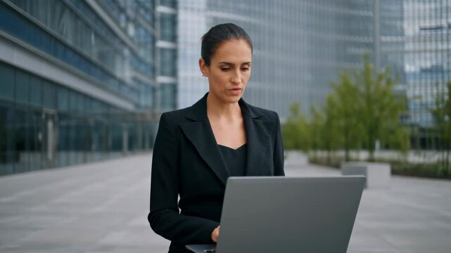 Remote Work: Businesswoman with Laptop Conducting Online Meeting in City Plaza