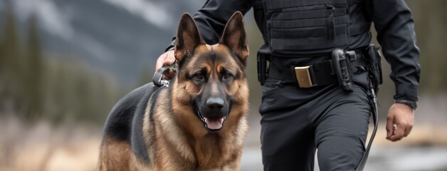 A German Shepherd in police uniform patrols a park during a mission, showcasing readiness with its officer in the background