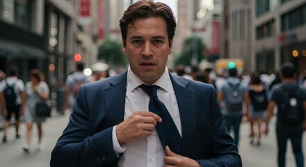 A businessman adjusts his tie while walking on a crowded city street, appearing worried.