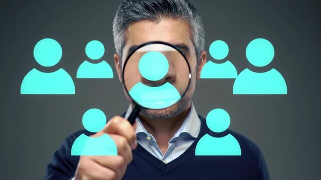 Businessman holding magnifying glass highlighting ideal employee icon in recruitment concept. Job search, talent acquisition, headhunting.