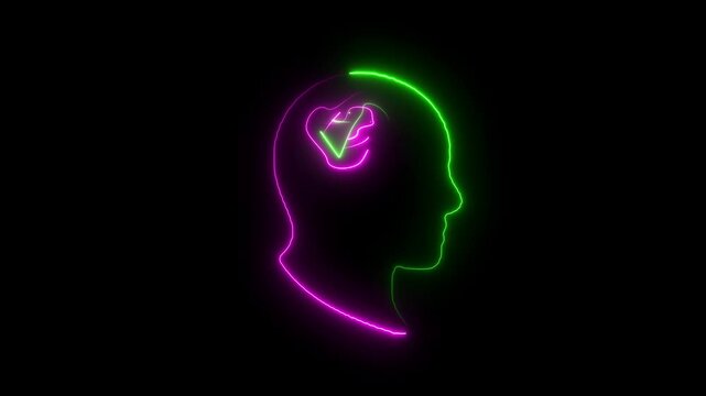 Glowing Brain with Heart Symbol &ndash; Emotional Intelligence Visualization . Mental Wellness and Positivity Concept &ndash; Neon Art Design on the black background. 