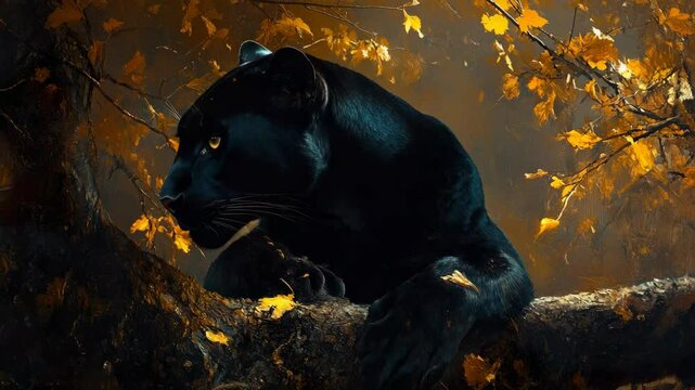 Mysterious Black Cat perched on Tree Branch in Moonlight