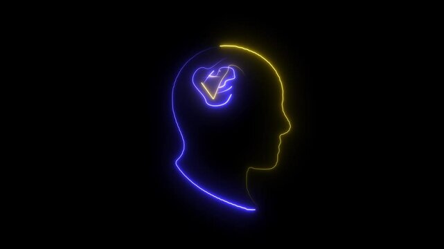 Glowing Brain with Heart Symbol &ndash; Emotional Intelligence Visualization. Mental Wellness and Positivity Concept &ndash; Neon Art Design on the black background.
