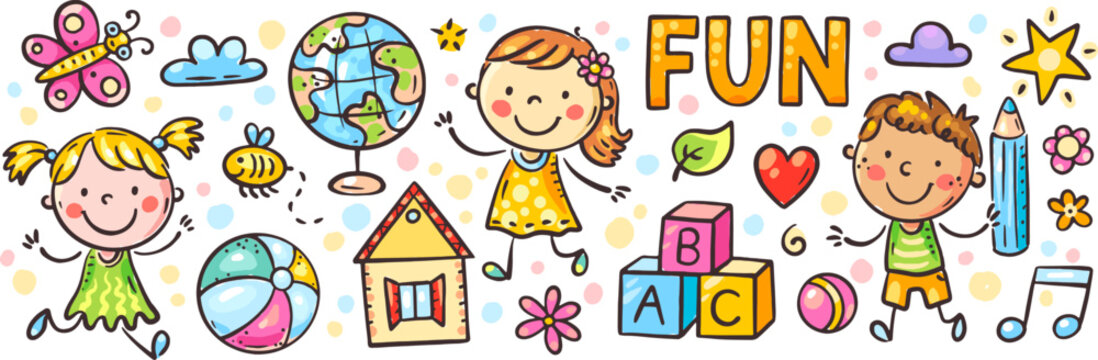 Doodle kids border. Happy children with books, rainbow and ABC. Colorful playtime clipart