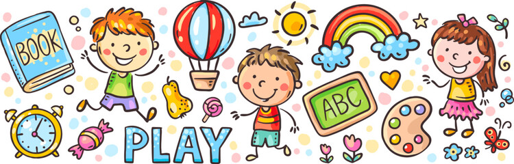 Playful doodle school kids border learning clipart