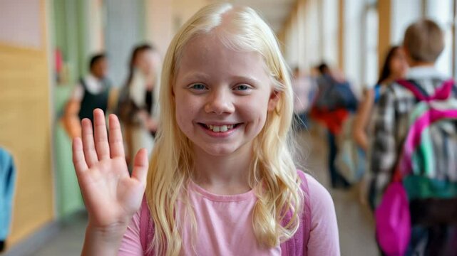 Smiling albino girl waving warmly in school hallway surrounded by classmates. Inclusion, childhood confidence, diversity, education, back to school.