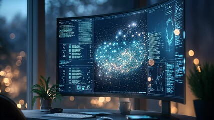 Large curved computer monitor displays complex data analysis and code in a cozy, office themed christmas setting, creating a blend of technology and holiday spirit - Powered by Adobe