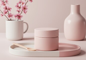 Pink cosmetic jar with a wooden spoon on a tray with flowers