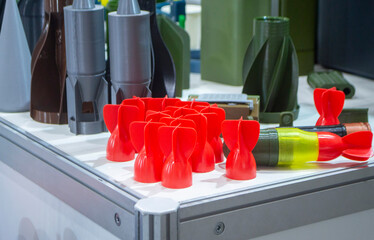 Shank stabilizer printed on 3D printer from molten plastic. Stabilization tail created on 3D printer. Prototype model of rocket bomb tip printed on 3D printer. Modern innovation 3D printing technology
