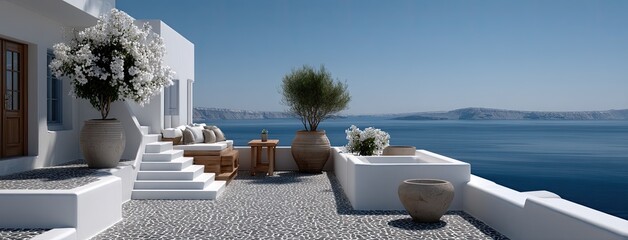 Fototapeta premium Bright sunny day showcasing dazzling blue sea, white walls, and blooming bougainvillea, leading to a captivating view