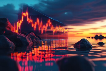 A vibrant sunset over water, with a glowing, reflective block displaying financial data
