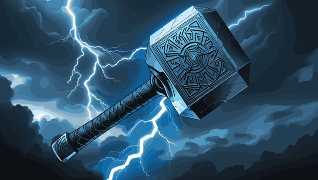Illustration of a powerful mystical hammer surrounded by dramatic lightning in a dark stormy sky