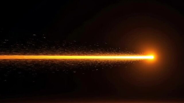 Dynamic orange light streak with sparkling particles against black background for technology and graphic resources.