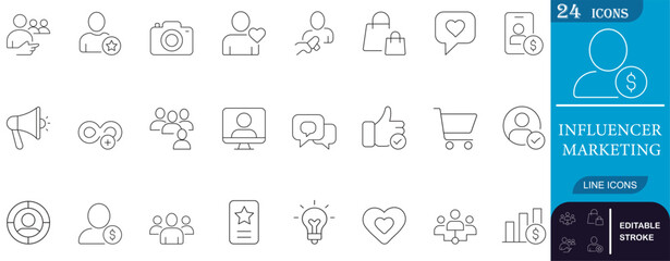 Minimal line icons set focused on influencer marketing, social media engagement, content promotion, and ecommerce—ideal for branding, digital ads, and UI design.