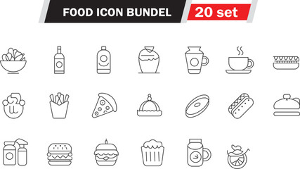 Outline Food Icons Salad, Bottle, Sauce, Cup, Fries, Pizza, Donut, Hotdog and More 20 Set