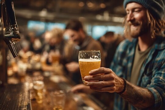 Brewer holding a glass of craft beer at his brewery