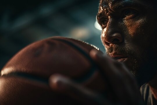 Sweaty basketball player holding ball and focusing on game