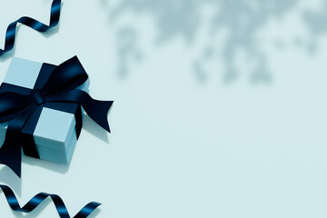 Blue gift box with curling ribbon on a light background, Father's Day holiday decoration. 3d...